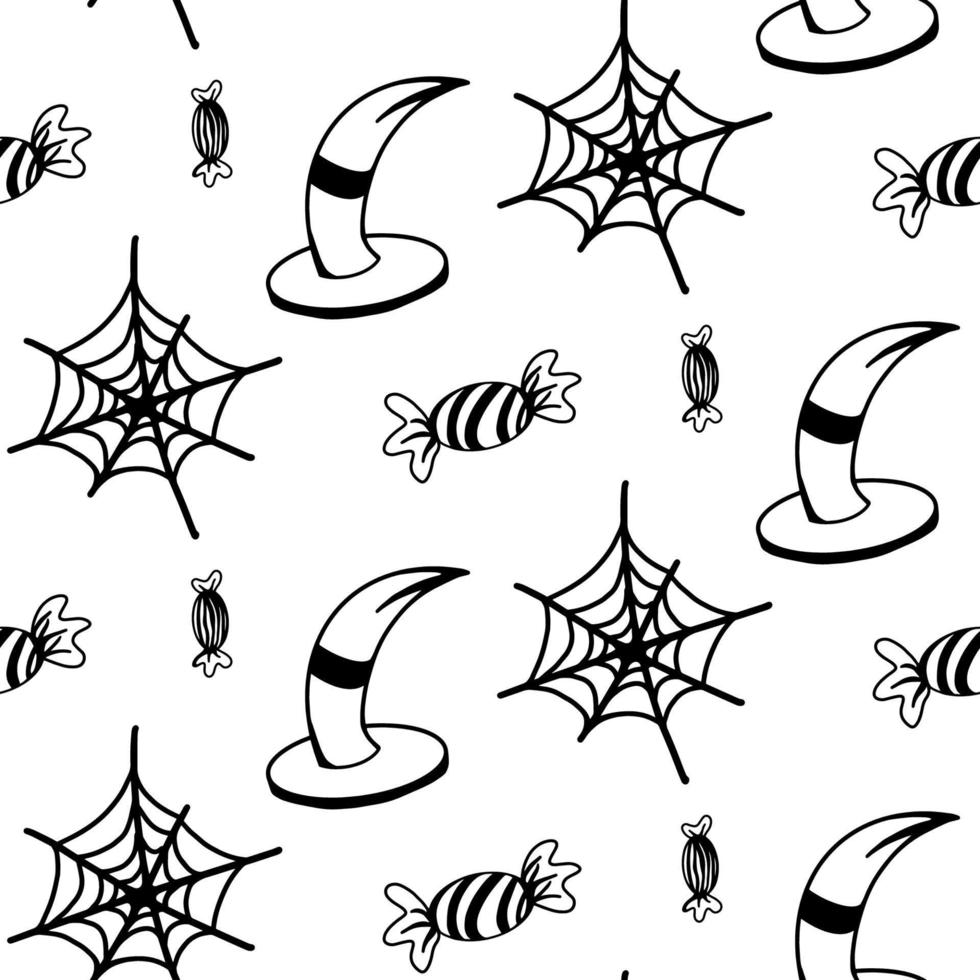 Vektorhalloween-Hexenhut, Süßigkeiten, nahtloses Muster des Spinnennetzes lokalisiert auf weißem Hintergrund. niedliche illustration für saisonales design, textil, dekoration kinderspielzimmer oder grußkarte. handgezeichnetes Gekritzel. vektor