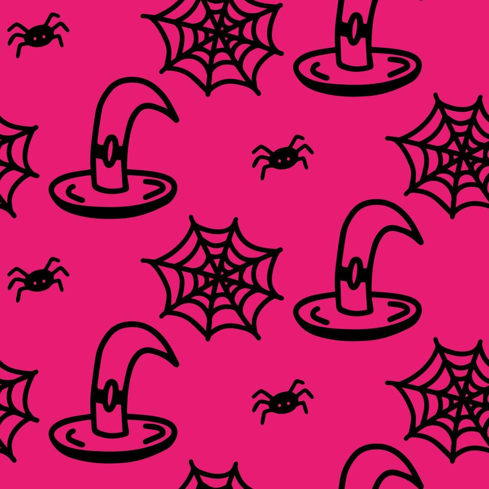 vektor halloween sömlösa mönster av häxhatt, spindel, spindelnät. rolig, söt illustration för säsongsdesign, textil, dekoration för barnens lekrum eller gratulationskort. handritade utskrifter och doodle.