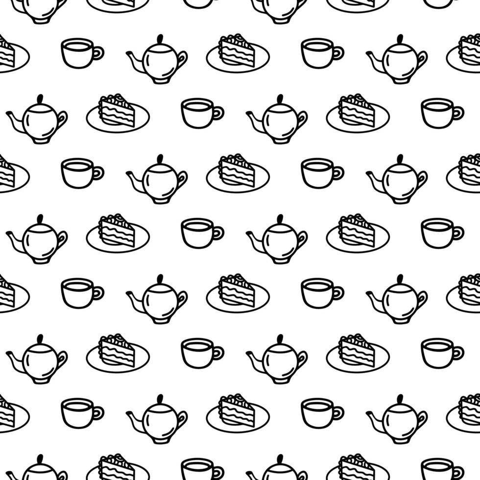 Vektor handgezeichnetes nahtloses Muster mit verschiedenen Küchensymbolen auf weißem Hintergrund. Doodle-Tasse, Becher, Teekanne, Kaffeekanne, Kuchenverpackung im Linienkunststil für ein Café-Dekor. Malvorlagen für Erwachsene und Kinder