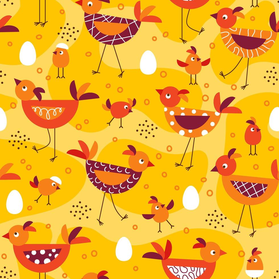 seamless mönster med söta tecknade fåglar, kycklingar på tunna ben, ägg, prickar. bakgrund med ljusa gula fläckar. enkel geometrisk stil. vektor designelement. bra för barntyg, textil.