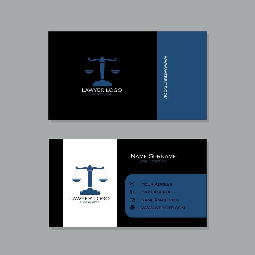 advokat visitkort i blå toner med skala av rättvisa logotyp vektor