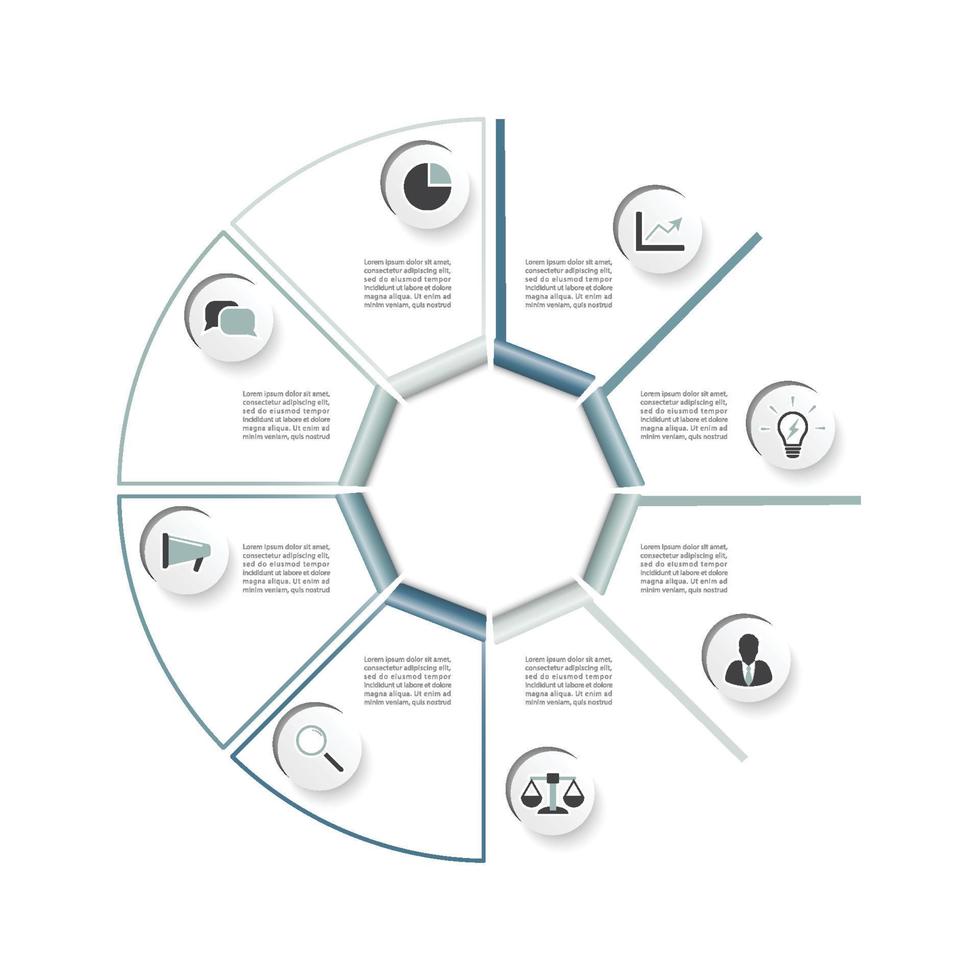 vektor illustration infographics. affärsidé med 8 alternativ. för innehåll, diagram, flödesschema, steg, delar, tidslinjeinfografik, arbetsflöde, diagram.