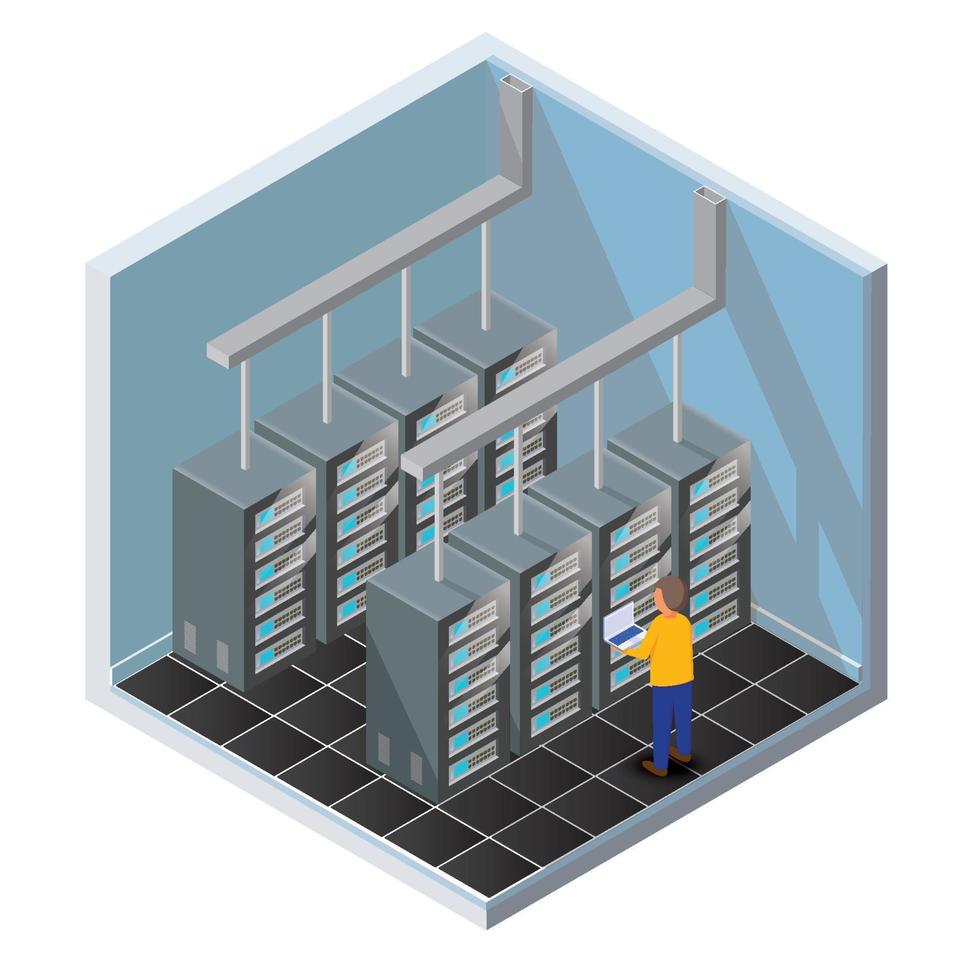 isometrisk vektorillustration diagnostiskt test i ett serverdatorrum. servertest i rummet. servrar som testas i rummet. teknisk kommunikation. infographics pinnfigur. vektor illustratör