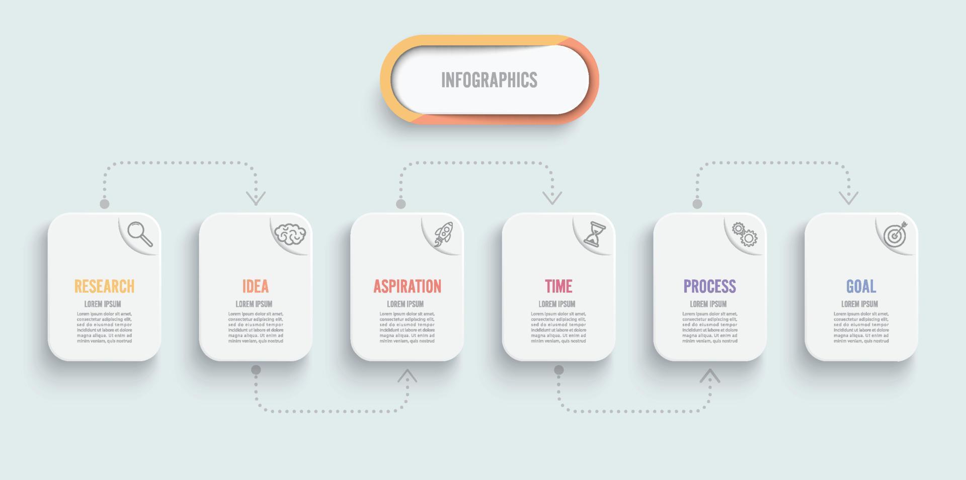 Vektor-Infografik-Vorlage mit Symbolen und 6 Optionen oder Schritten. Infografiken für Geschäftskonzept. kann für Präsentationsbanner, Workflow-Layout, Prozessdiagramm, Flussdiagramm, Infografik verwendet werden. vektor