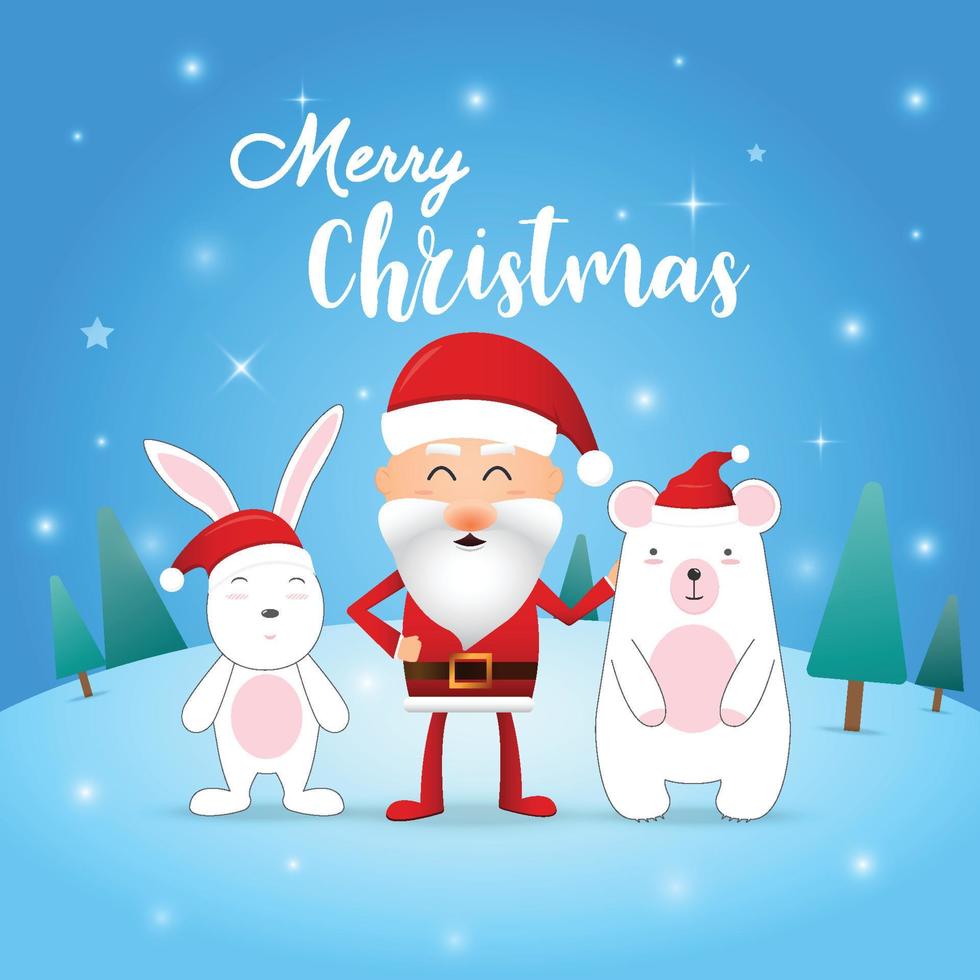 frohe Weihnachten. frohe weihnachtsgefährten. weihnachtsmann, kaninchen und bär in der weihnachtsschneeszene. Illustrator-Vektor. vektor