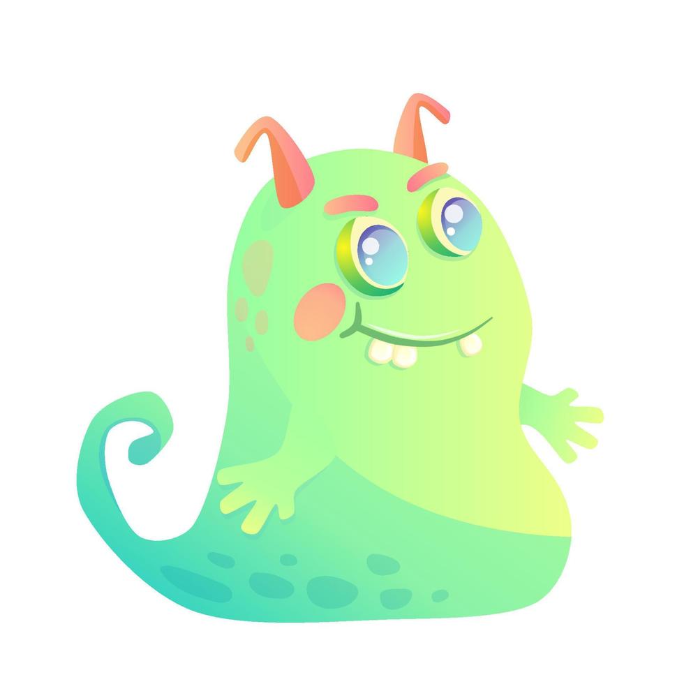 utrymme främmande söta monster i tecknad stil isolerade. grön seriefigur monster i fantasy stil för spel eller halloween. vektor illustration design. gelékaraktär med horn och tänder.