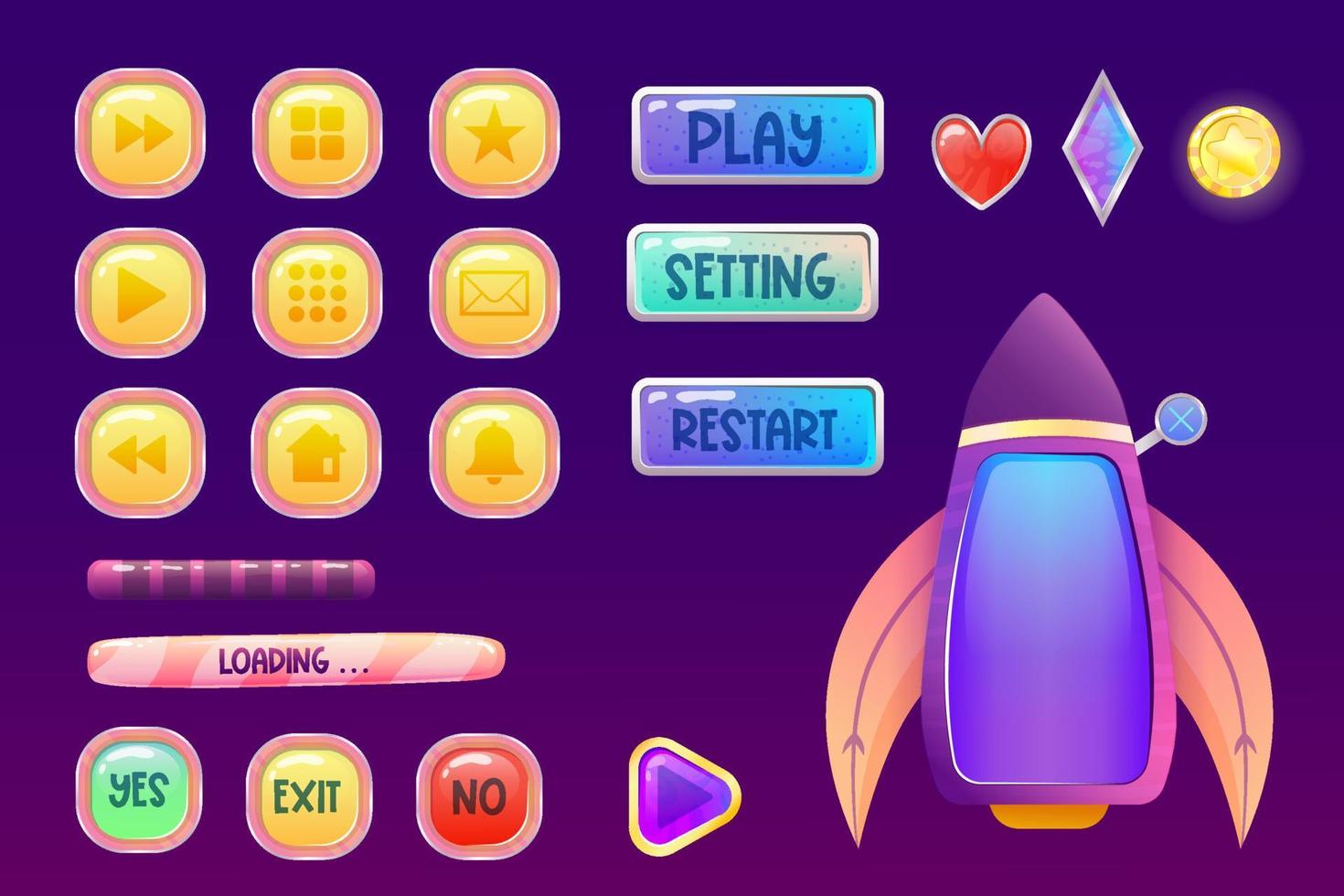 Weltraum-Assets, Spiel-UI-Interface-Kit mit Schaltfläche und Bildschirmrakete. isolierte Cartoon-Vektor-Illustration. Spielelemente für mobiles Webdesign. Menü-App einstellen. Raumschnittstelle für Spielvorlagen vektor