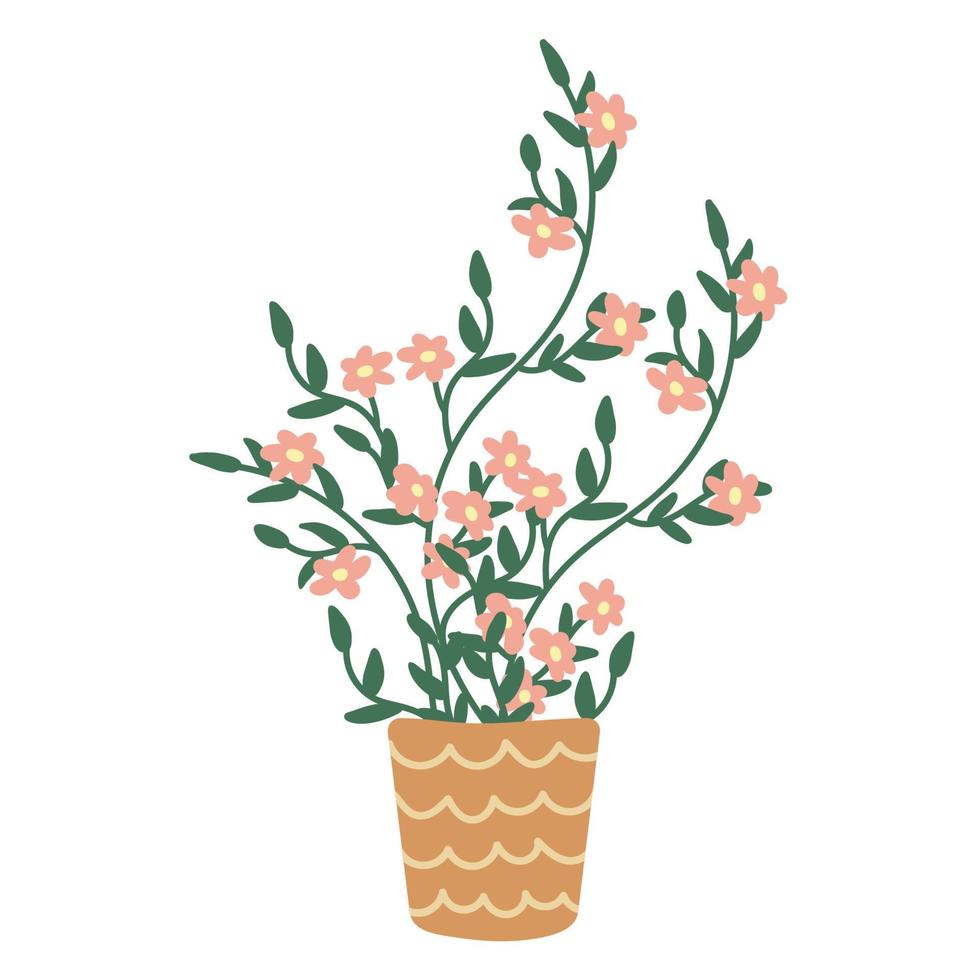 blommande växt i en blomkruka. rosa blommor. vektor handritad illustration isolerad på vit bakgrund.