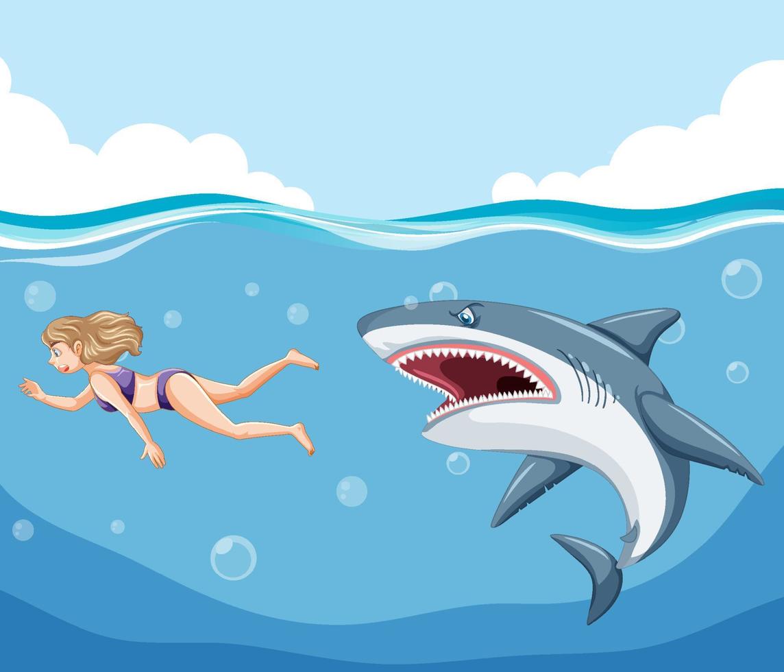 eine Frau, die einem aggressiven Hai im Wasser entkommt vektor