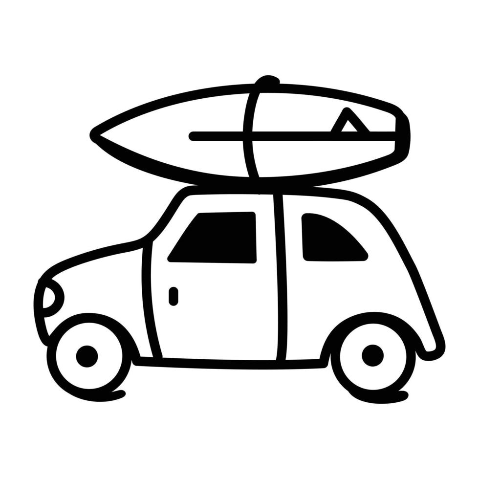 Auto mit Surfbrett, das das Konzept der Reise zeigt, Doodle-Symbol vektor
