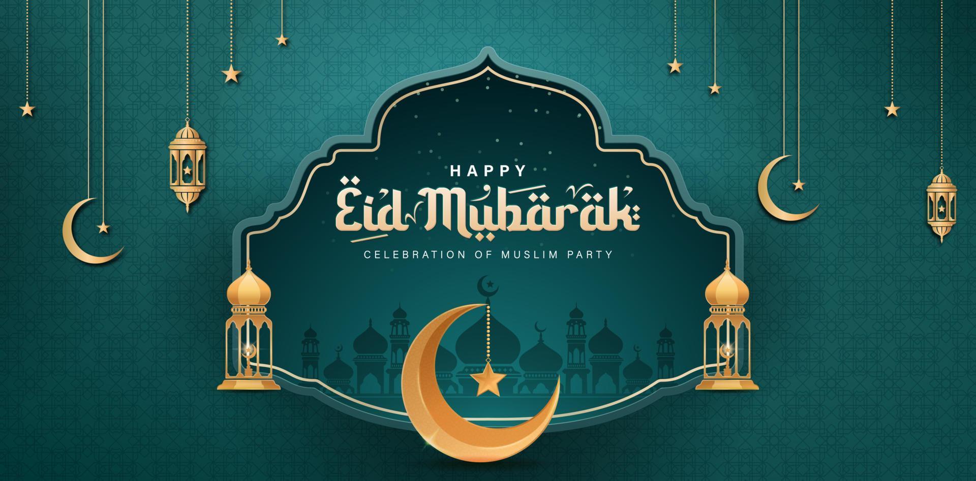 happy eid mubarak 3d realistisk månförmörkelse och halvmånebakgrund, tillämplig för webbplatshuvud, målsideselement, marknadsföring av annonskampanjer, inlägg på sociala medier, reklammedia, reklam vektor