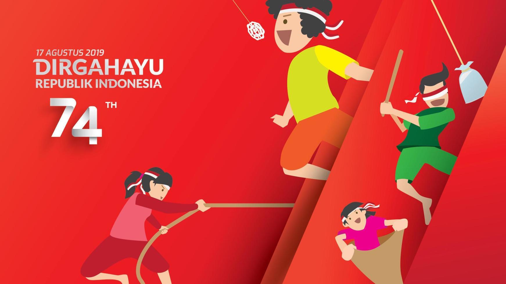Indonesiens traditionella spel under självständighetsdagen, klättrade på areka nöt eller fet stolpe, kex äta, ägg och sked race, dragkamp, racing inuti säck glatt. firandet av friheten. - vektor