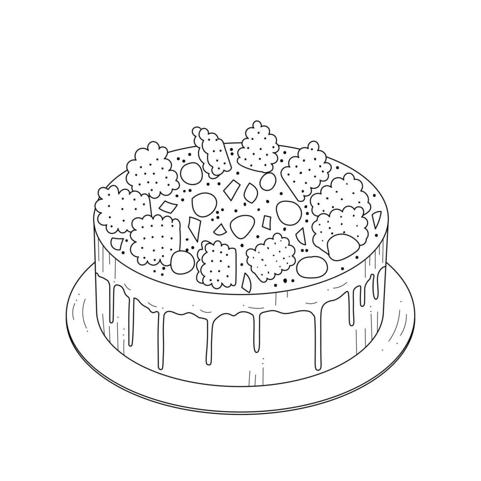 tårta dekorerad med kakor. skiss, kontur på vit bakgrund. dessert för design av konditori. vektor