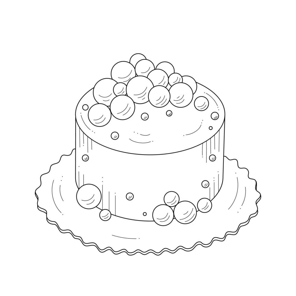 Kuchen mit Kugeln verziert. Skizze, Umriss auf weißem Hintergrund. dessert für die gestaltung der konditorei. vektor