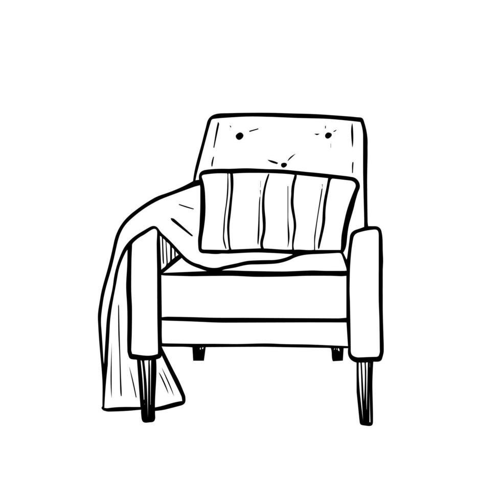 en fåtölj, en kudde och en filt. doodle stil möbler, skiss, svart kontur. vektor