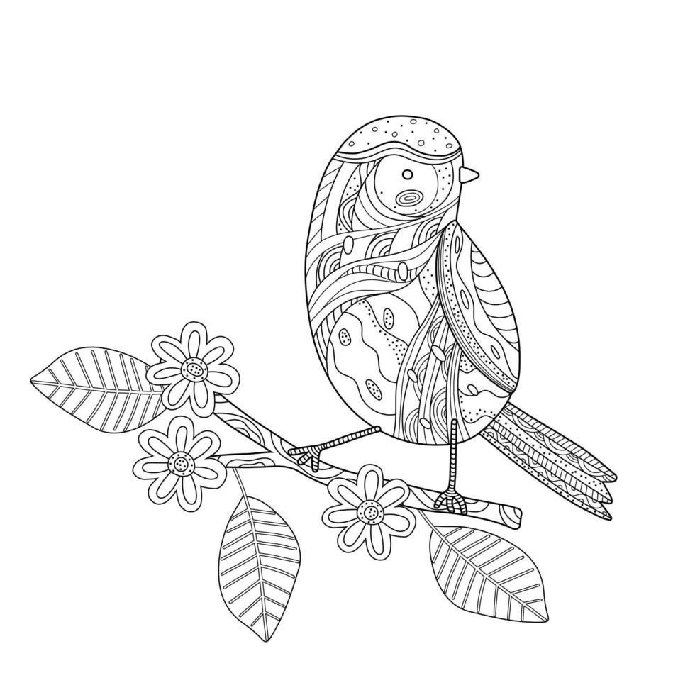målarbok med liten fågel på gren. skiss, kontur av birdy med prydnad för barn. vektor