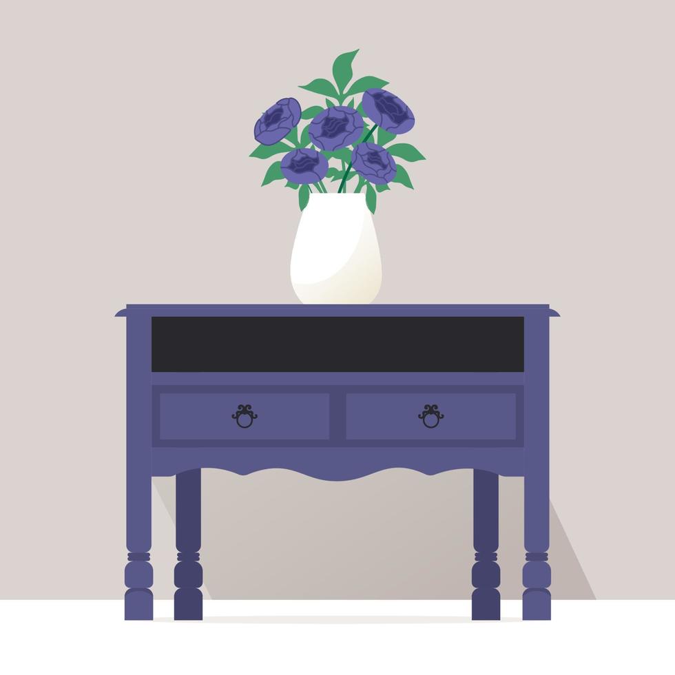 violett gammalt vintagebord med bukett pionblommor. vektorillustration i platt stil och trendiga 2022-färger vektor