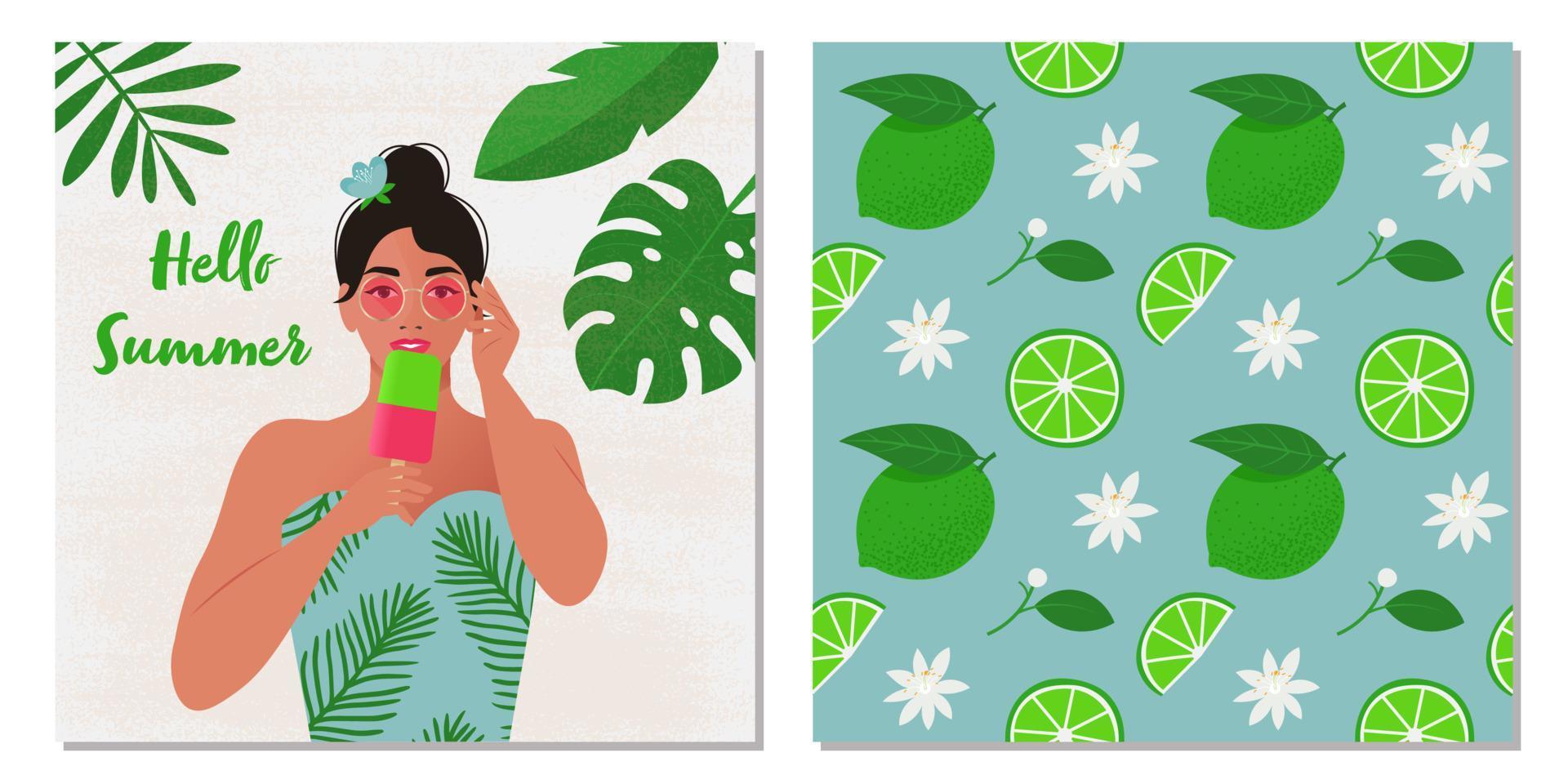 Sommerset mit Poster und nahtlosem Muster mit Limetten. Frau in Sonnenbrille mit Eis. Werbevorlage, tropisches Muster. Vektor-Illustration vektor