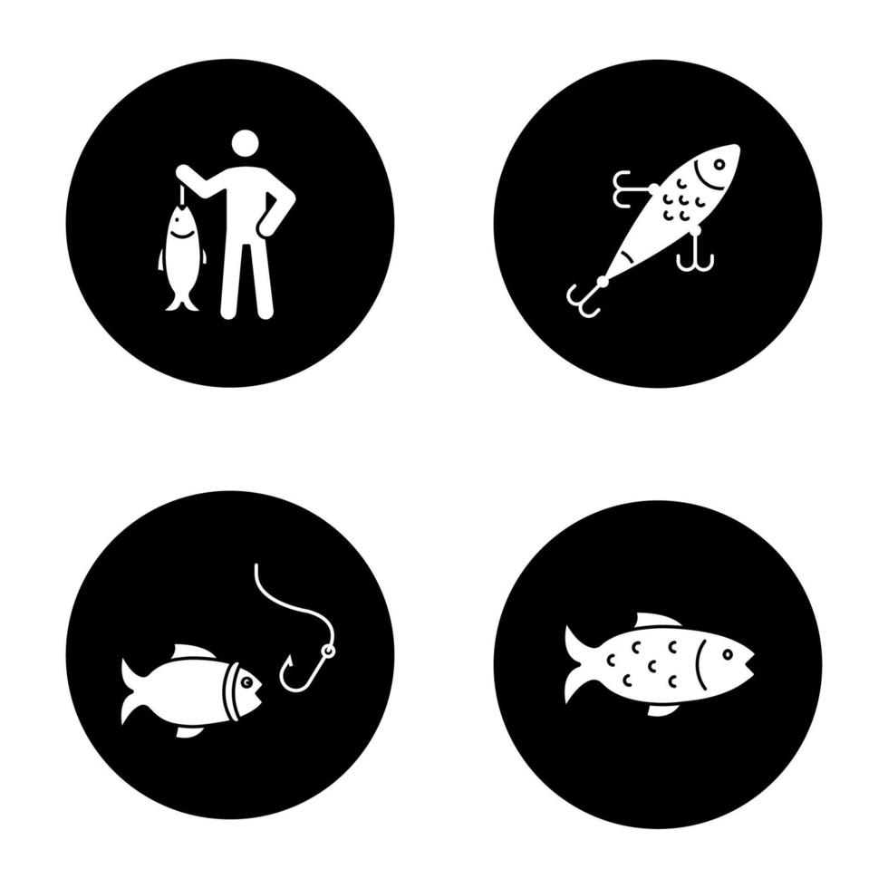 fiske glyf ikoner set. fiskare, drag, fisk och krok. vektor vita silhuetter illustrationer i svarta cirklar