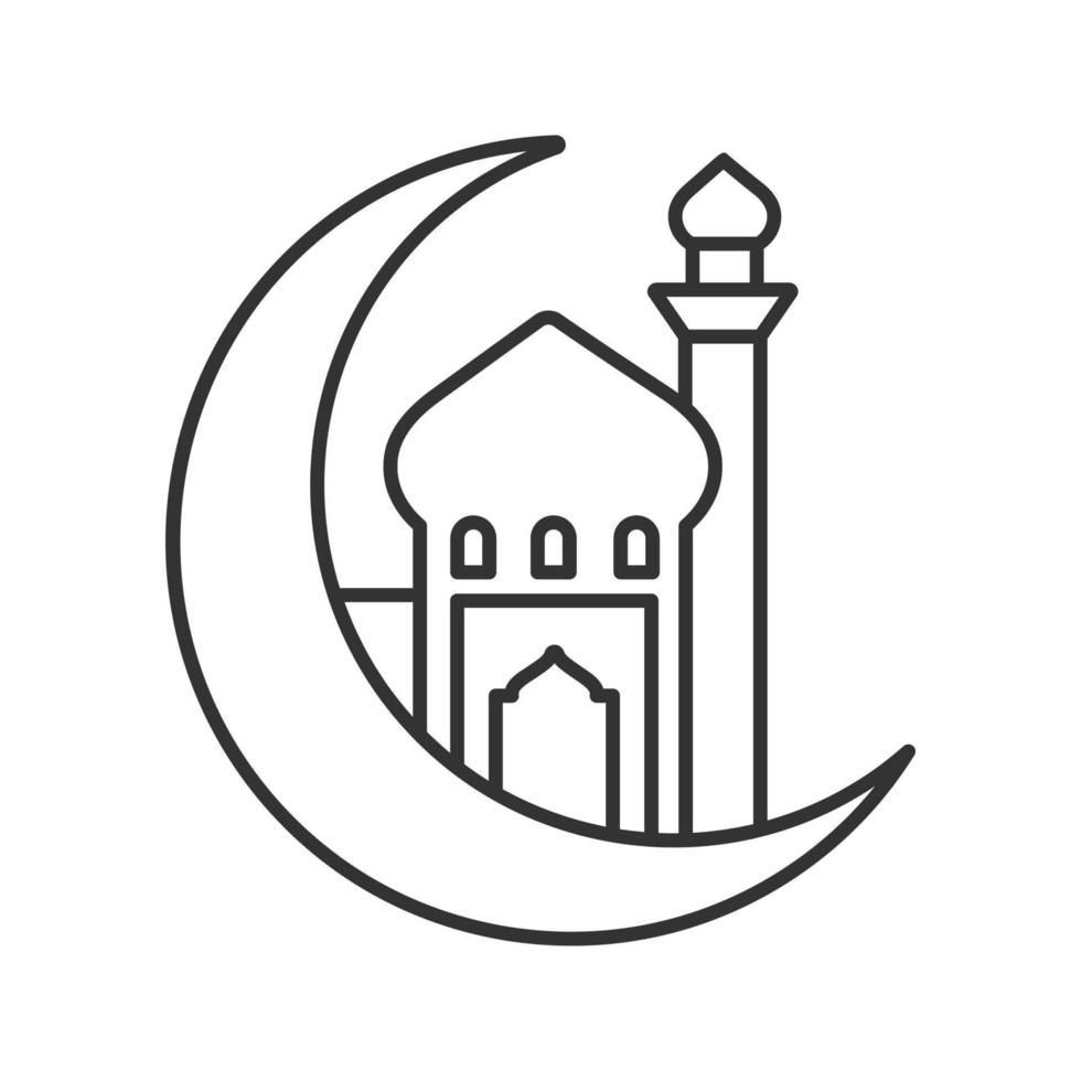 moské med ramadan månen linjär ikon. tunn linje illustration. halv måne. islamisk kultur. muslimsk gudstjänstplats. kontur symbol. vektor isolerade konturritning