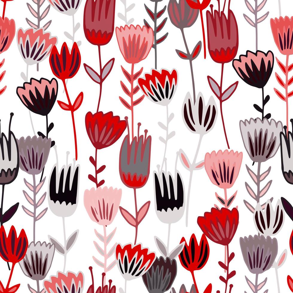 handritad röd vild blomma seamless mönster. enkel botanisk oändlig bakgrund. doodle blommor i folklig stil. vektor