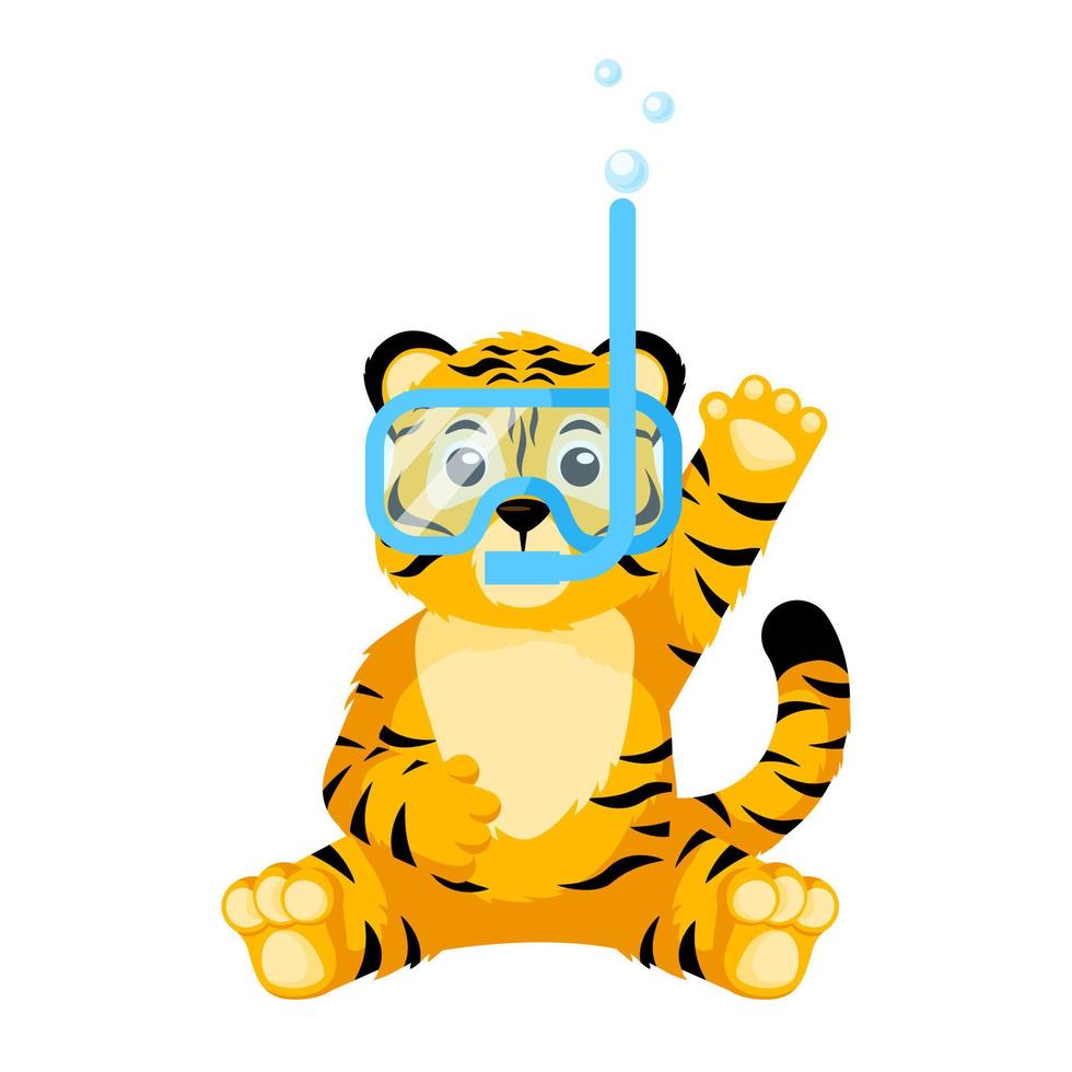 niedlicher kleiner tigertauchercharakter isoliert. Happy Club Cartoon gestreifter Tiger schwimmen. vektor