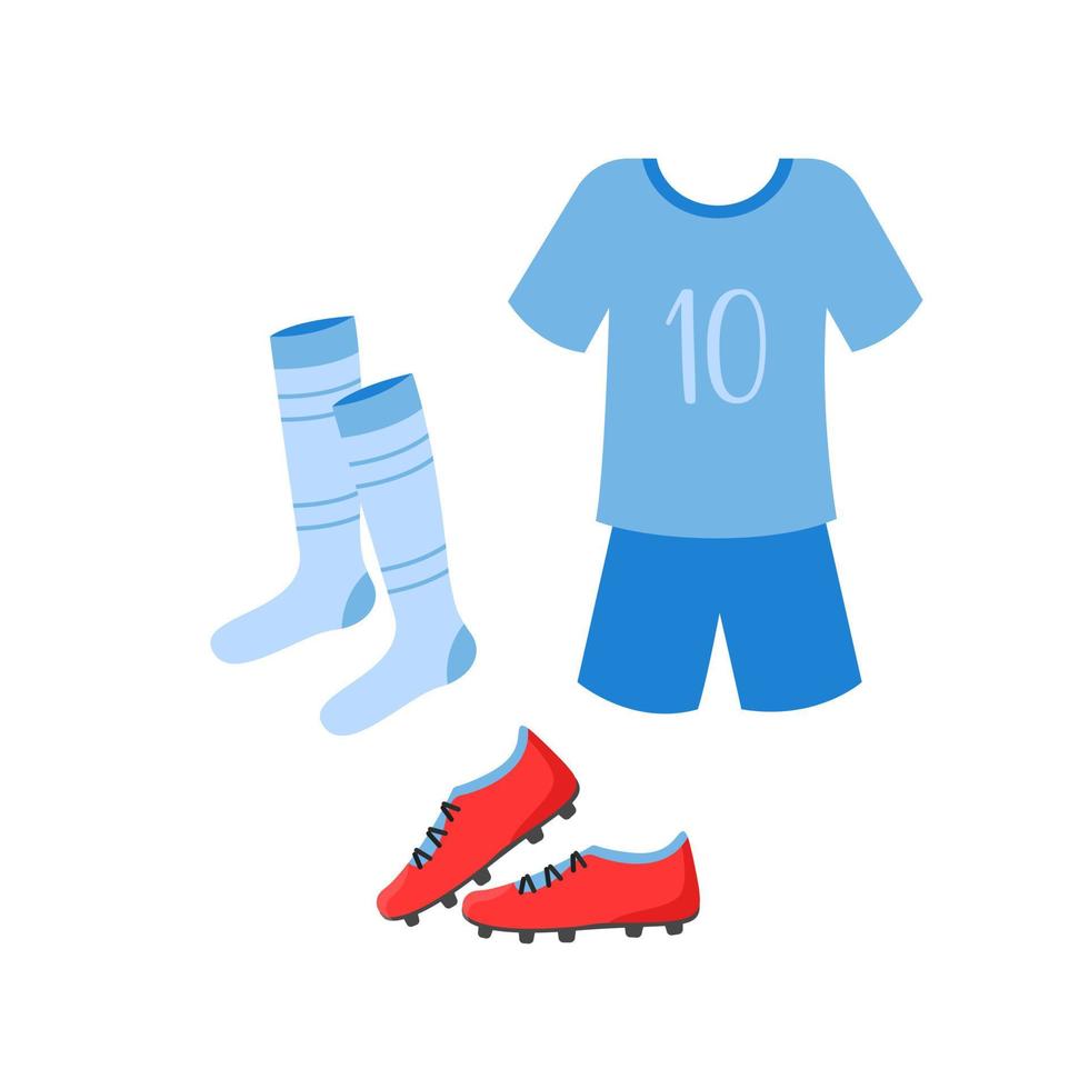 Fußballuniform. Kleidung für Fußballspieler. T-Shirt, Shorts, Socken und Stiefel isoliert auf weißem Hintergrund. flache vektorillustration vektor