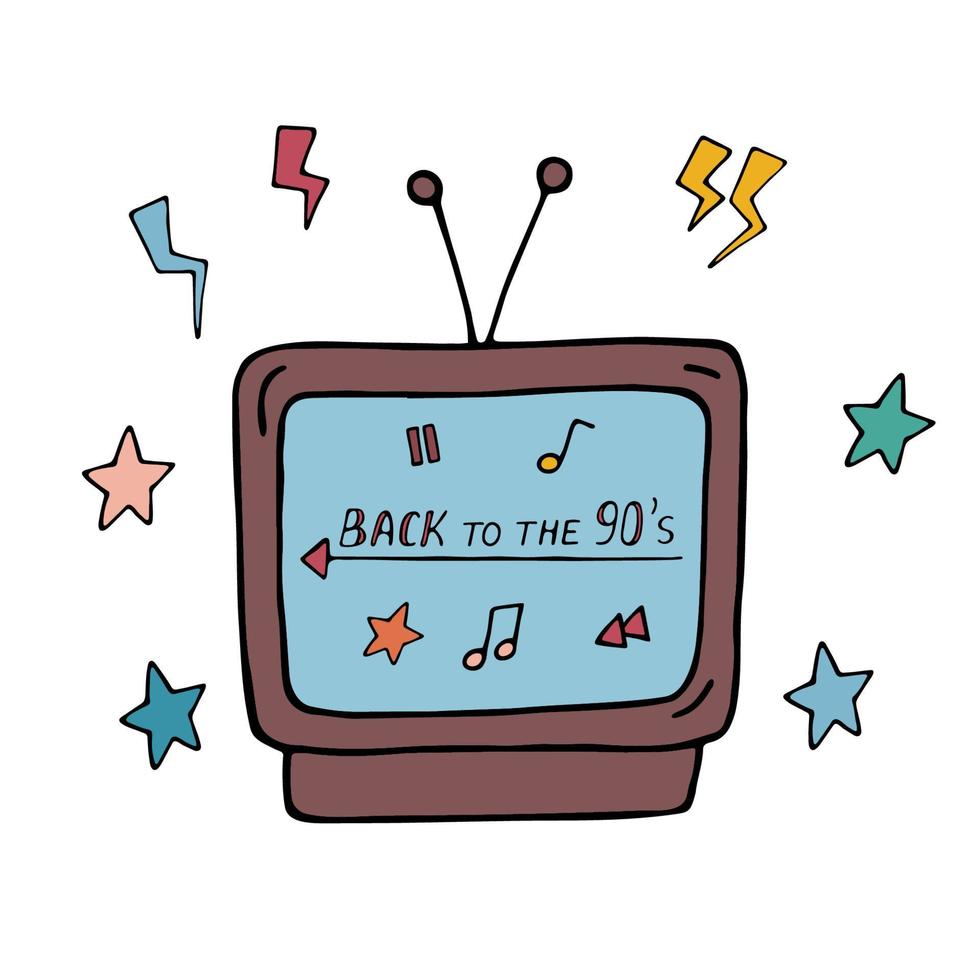 Doodle Retro-TV aus den 1990er Jahren isoliert. Vintage-Fernseher mit Text zurück in die 90er Jahre. Vektor farbige Doodle-Illustration auf weißem Hintergrund