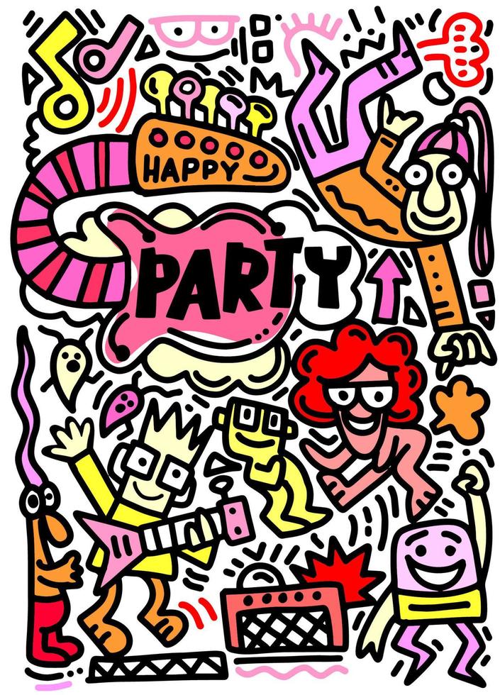 handritad, doodle party set. skiss ikoner för inbjudan, flygblad, affisch, handritad vektorillustration av doodle vektor