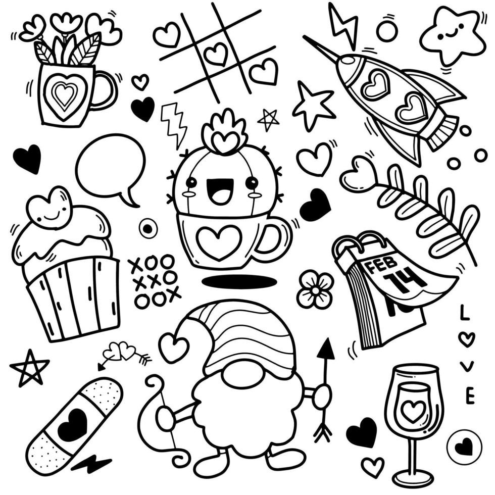 vektor illustration av doodle söt för barn, handritad uppsättning av söta doodles för dekoration på vit bakgrund, rolig doodle handritad, sida för färgläggning.