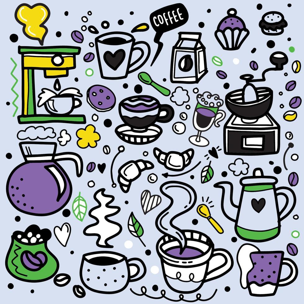 söta doodle kafé ikoner. vektor kontur kaffe och te ritningar för café meny
