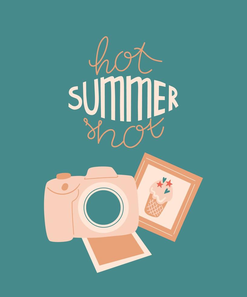 vektor sommerkarikaturillustration mit fotokamera, bildern, aufnahmen oder fotos und beschriftung heißer sommerschuss. für Druck, Poster und Karte.