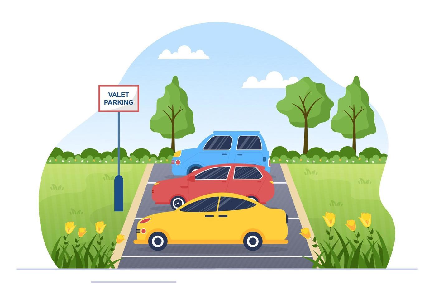 Betjänad parkering med biljettbild och flera bilar på allmän parkering i platt bakgrundstecknad illustration vektor