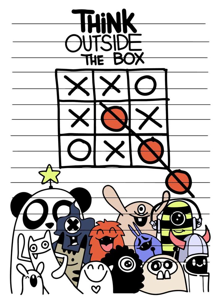 vektor illustration doodle of think outside the box-koncept med sött monster, fantasi, smart lösning, kreativitet och brainstorm