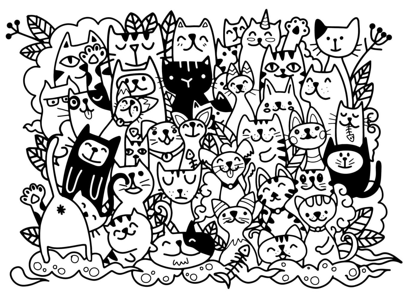 Schwarz-Weiß-Doodle-Katzen stehen vor Hintergrund, handgezeichneter Vektor