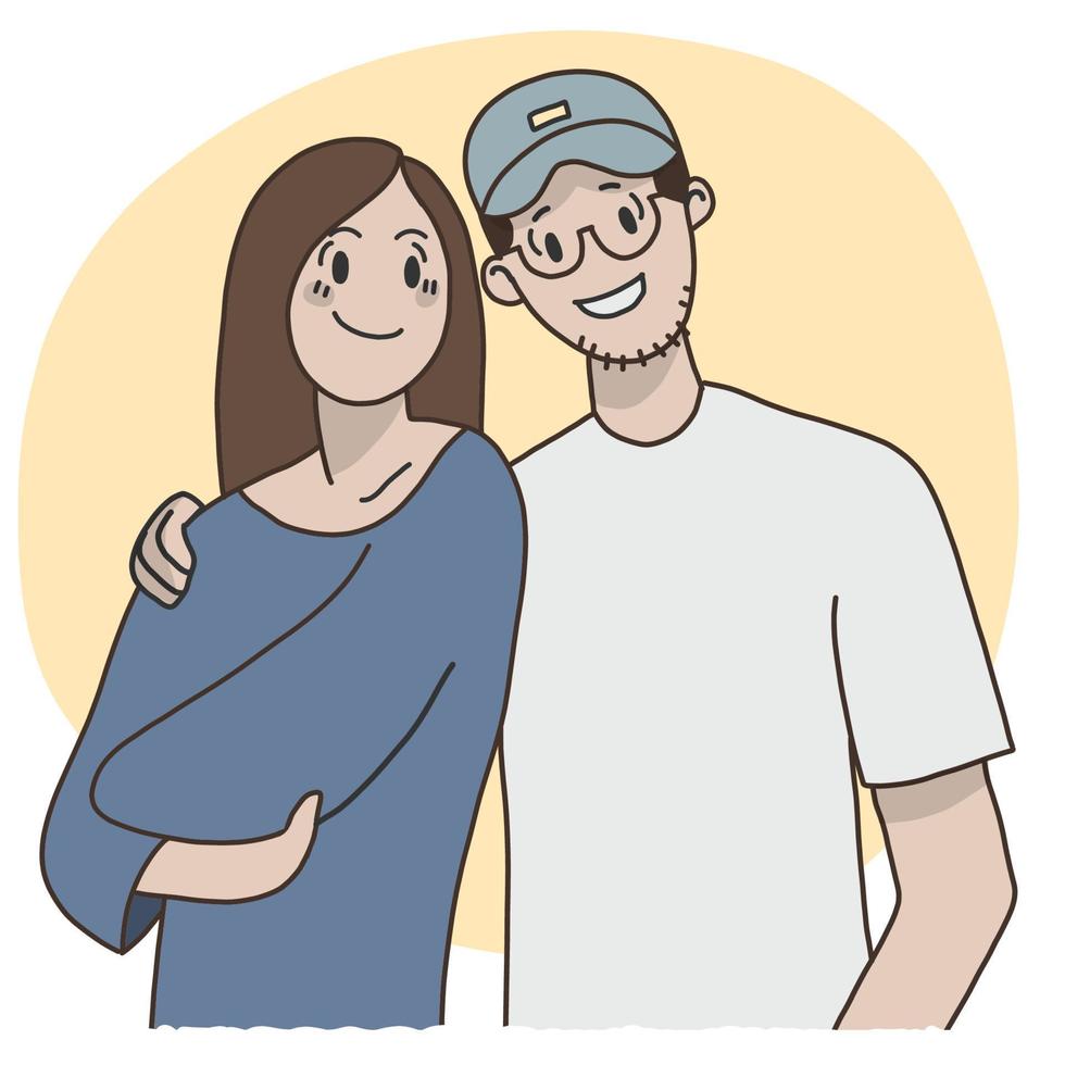 Porträt eines jungen lächelnden Paares von Mann und Frau, Umarmung über die Schultern. Vektor-Illustration im flachen Stil. vektor