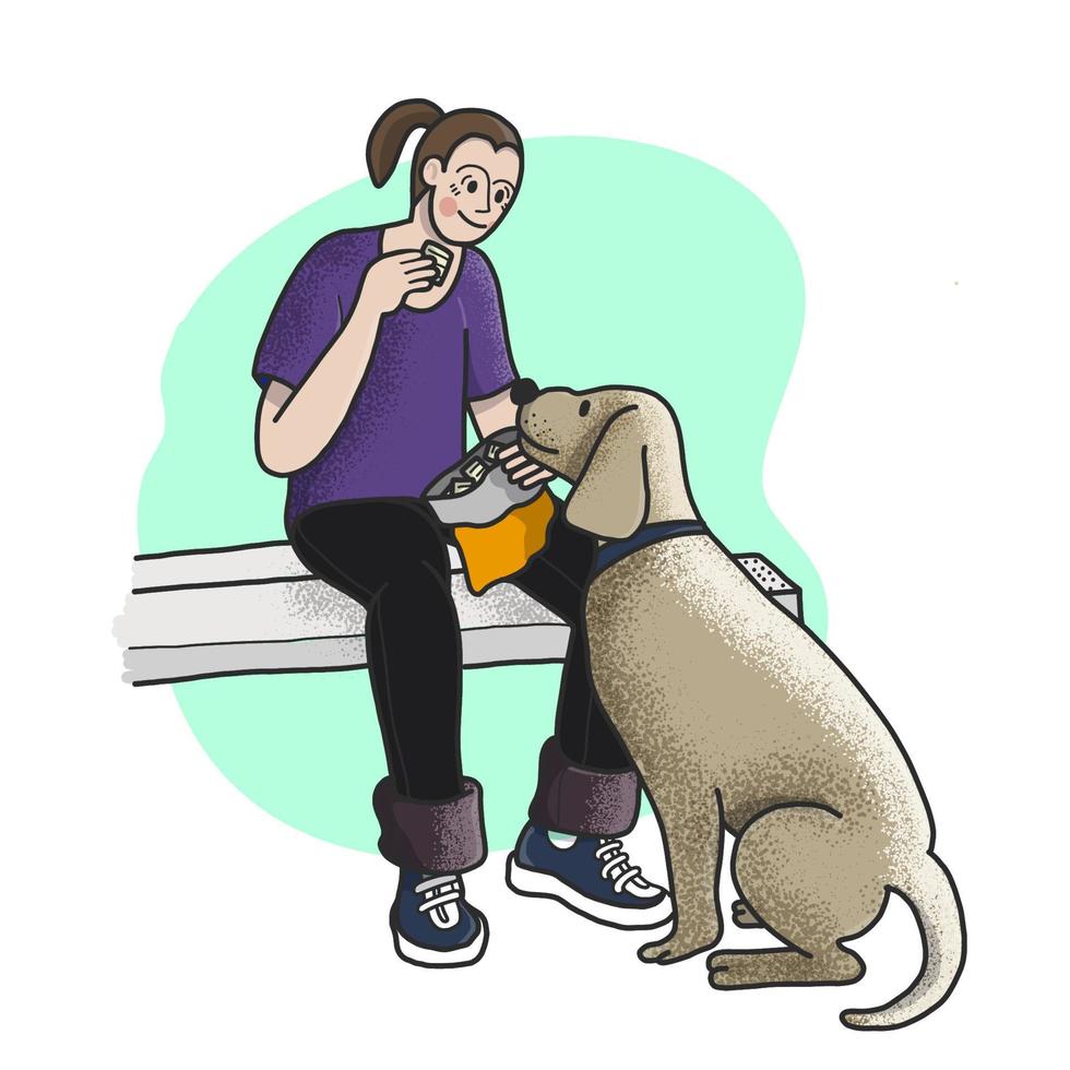 ein Bild von einem Mann, der seinem Hund etwas zu essen gibt. junger Hipster vektor