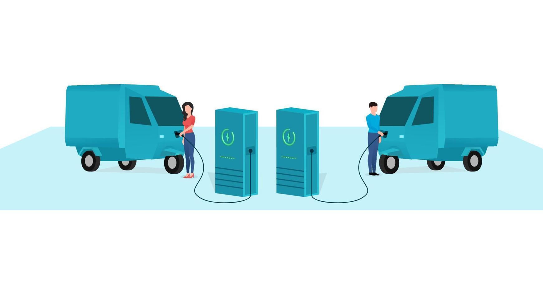 mann und frau, die elektroroller an der ladestation für elektrofahrzeuge aufladen, fahrzeug am ev-ladepunkt, geschäftscharakter-vektorillustration auf weißem hintergrund. vektor