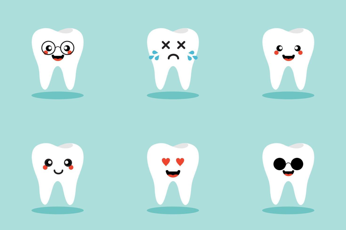 Set aus süßen Zahn-Emojis und Emoticons mit unterschiedlichen Gesichtsausdrücken. gesunde weiße niedliche zeichentrickzahnfiguren mit unterschiedlichen gesichtsausdrücken. Mundhygiene-Emoticons. vektor
