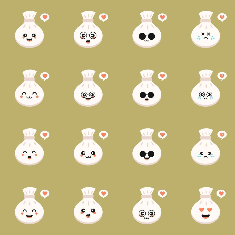 kinesiska dim sum söta kawaii vektor tecken. asiatisk maträtt med leende ansikte. östligt traditionellt kök. dumpling med kryddor. rolig emoji, uttryckssymbol. isolerade tecknade färgillustration