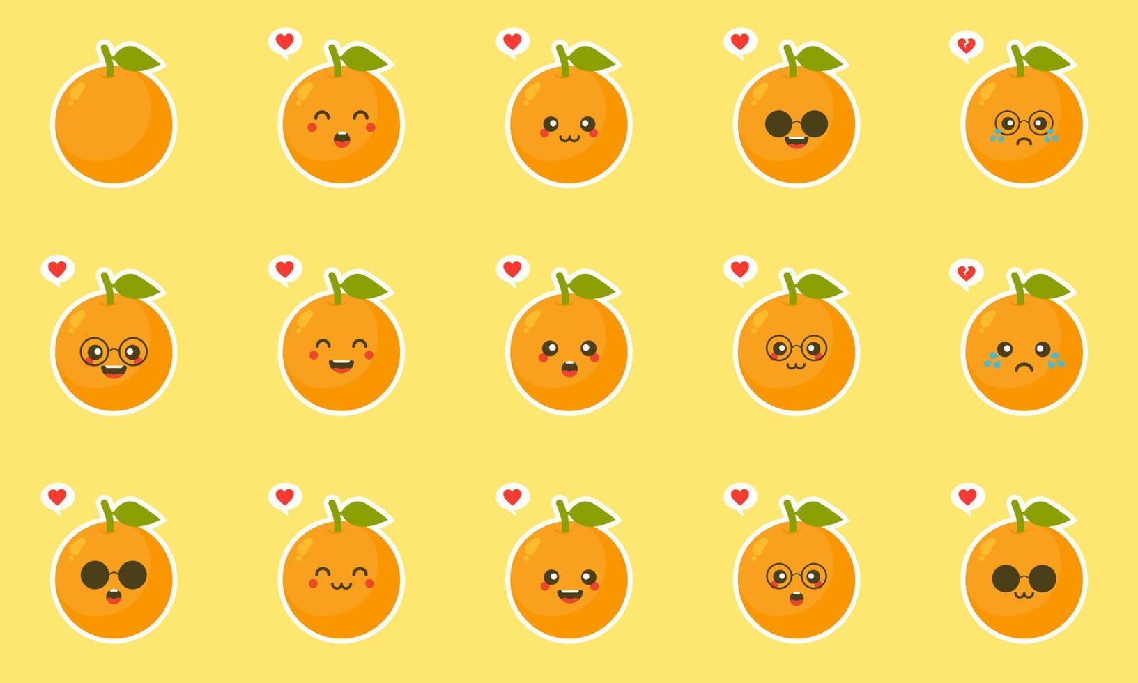 orange gesundes lebensmittelkonzept. Emoji-Emoticon-Sammlung. zeichentrickfiguren für kinder zum ausmalen, ausmalseiten, t-shirt druck, symbol, logo, etikett, aufnäher, aufkleber. kawaii und süßes Fruchtdesign vektor