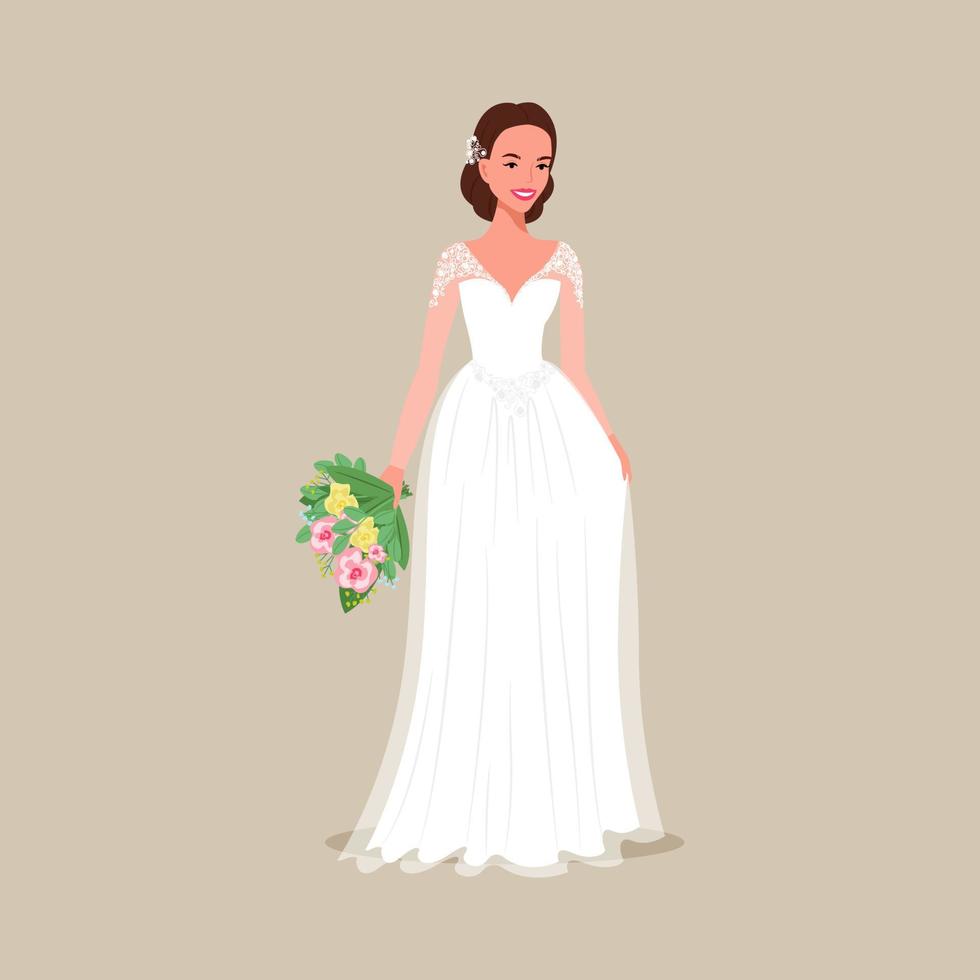 bruden i aftonklänning med en bukett i händerna. vektor illustration i platt tecknad stil