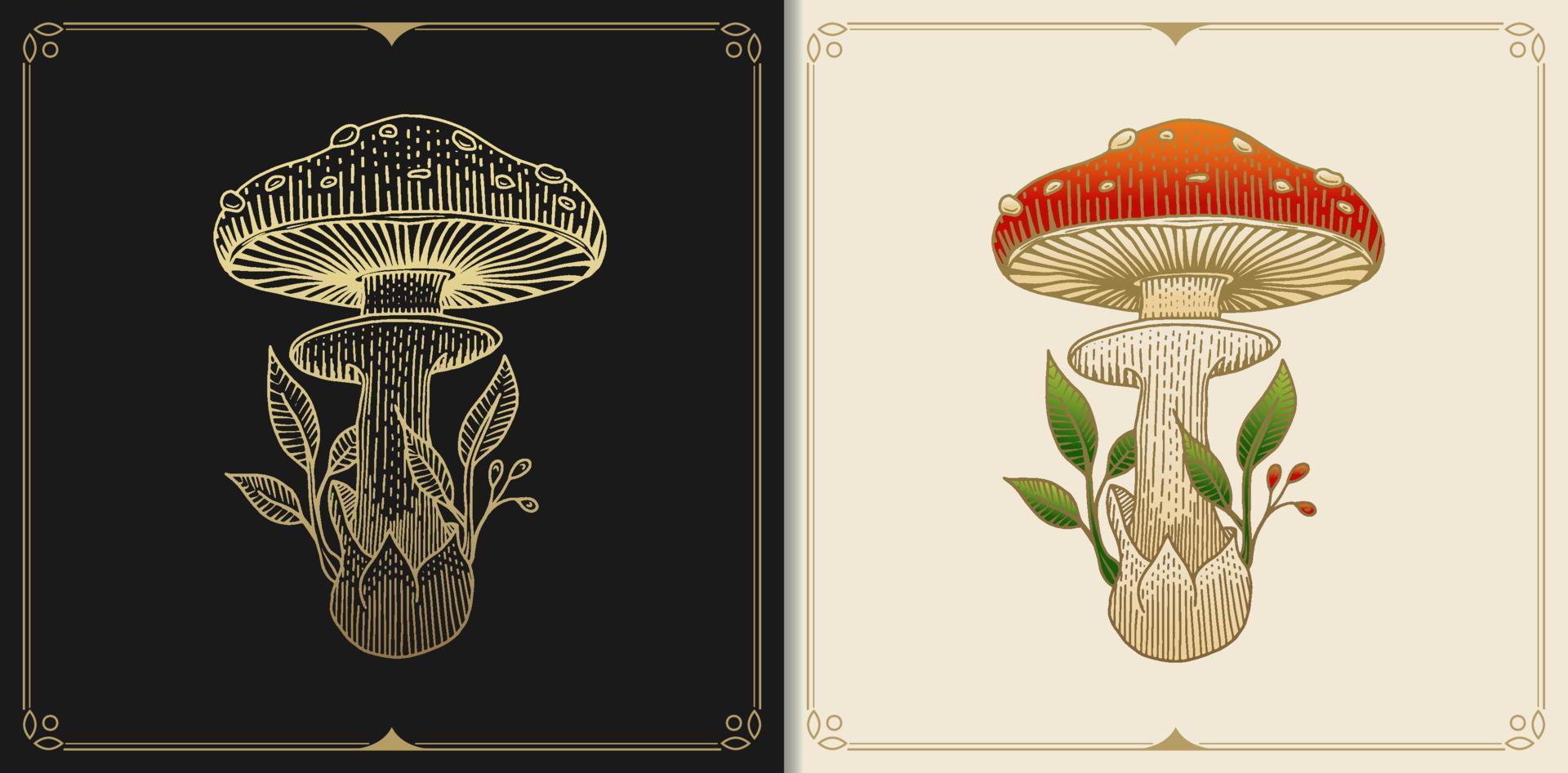 Pilz oder Pilz Russula Aurea mit Gravur, handgezeichnet, luxuriös, himmlisch, esoterisch, Boho-Stil, geeignet für Spiritualisten, Religiöse, Paranormale, Tarotleser, Astrologen oder Tätowierungen vektor