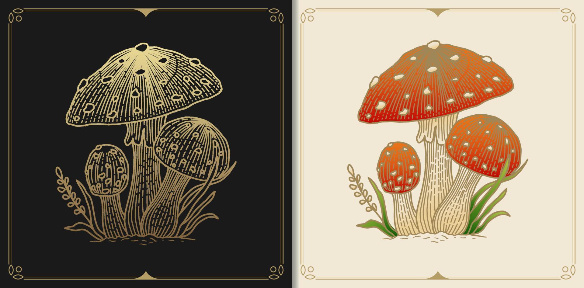 russula aurea svamp eller svamp med gravyr, handritad, lyxig, himmelsk, esoterisk, boho-stil, lämplig för spiritualister, religiösa, paranormala, tarotläsare, astrologer eller tatueringar vektor