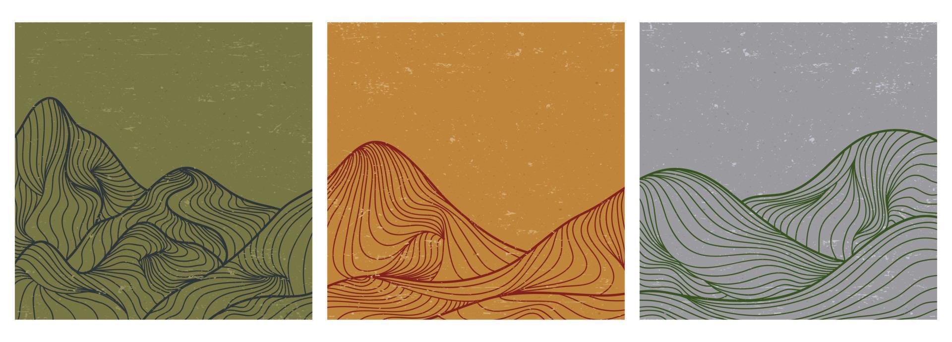 satz von berglandschaftsplakatlinienkunst. geometrischer Landschaftshintergrund im Vintage-Stil. Vektor-Illustration vektor