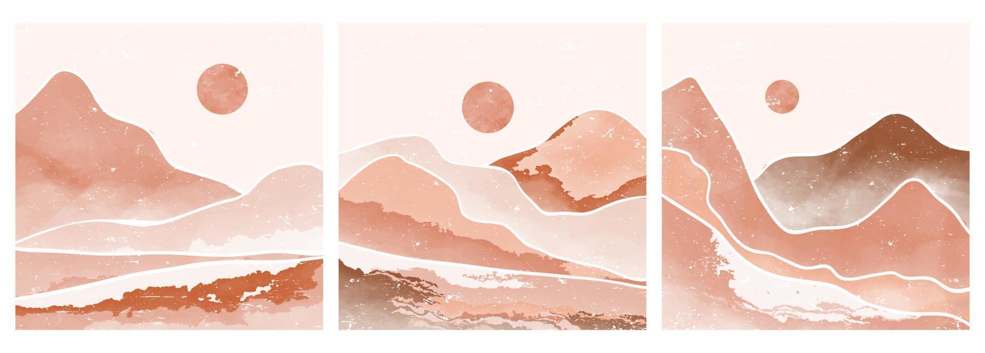 mitten av århundradet modernt minimalistisk konsttryck. abstrakta samtida estetiska bakgrunder landskap med sol, måne, hav, berg. vektor illustrationer