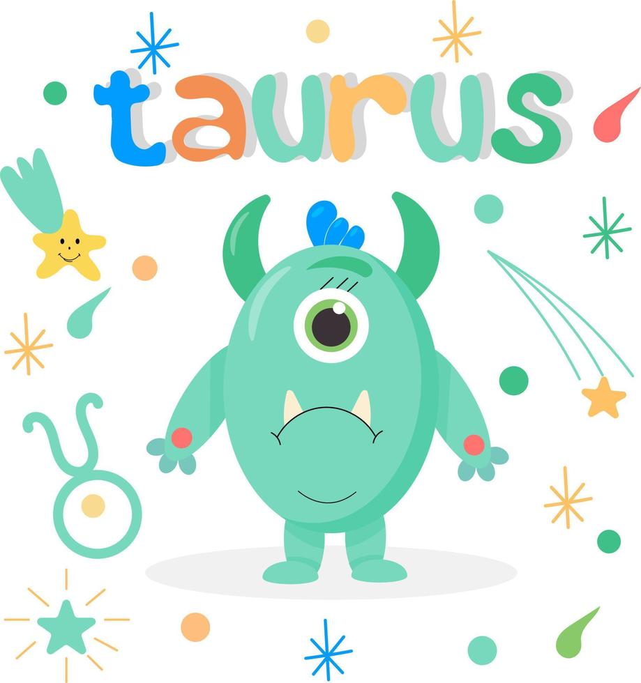 söt tecknad zodiac monster taurus. mot bakgrund av kosmiska attribut, stjärnor, stjärnskott, stjärntecken. bra tryck för barnkläder. vykort för gratulationer. vektor