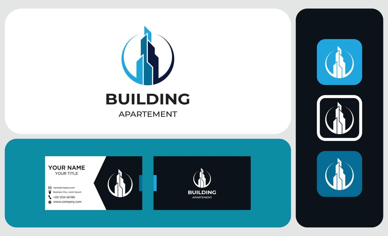Paket aus Visitenkarten- und Logodesign. Modernes Logo-Design für Immobilienunternehmen. Gebäude, Wohnung vektor