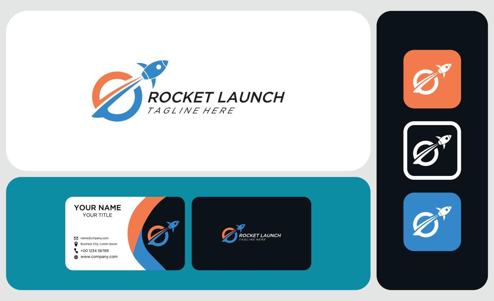 paket aus visitenkarten- und logodesign. Rakete um das Planet-Logo-Design. Vektor-Konzept-Symbol. vektor