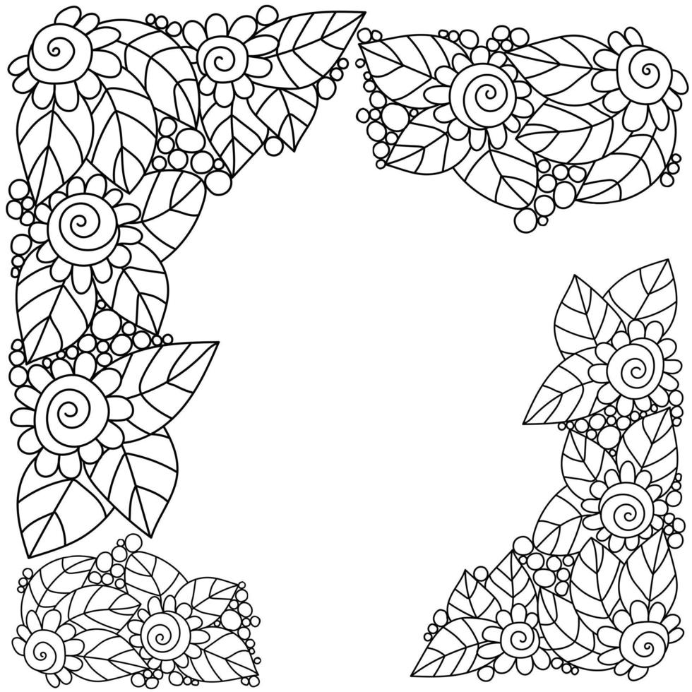 dekorativa hörn från konturklotterblommor och löv, målarbok antistress från zenväxter med spiraler och cirklar vektor